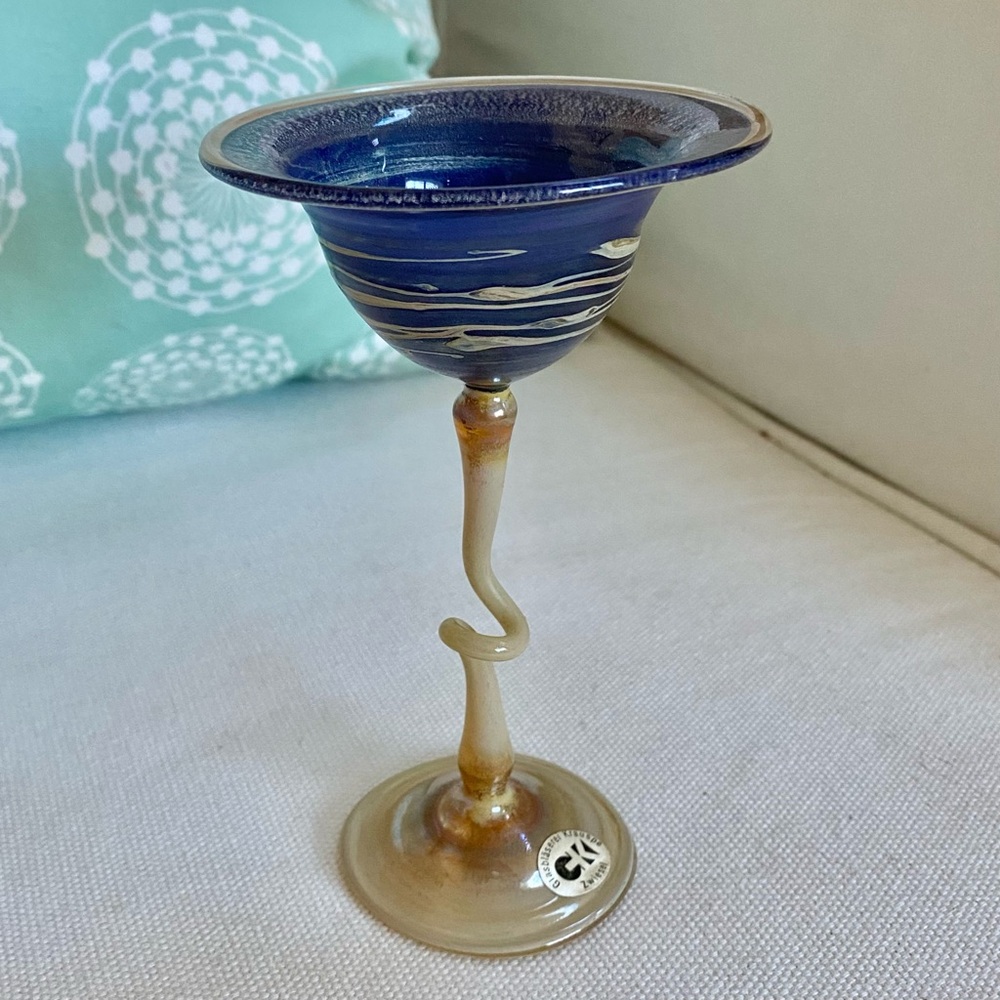 Glasbläserei Kraupe CK Zwiesel Cordial Cocktail Glass Blue Tan Cream Curved Stem